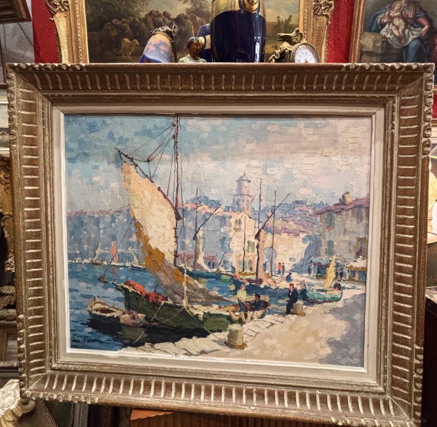Mourgue grand tableau huile sur toile le port de St tropez marine 