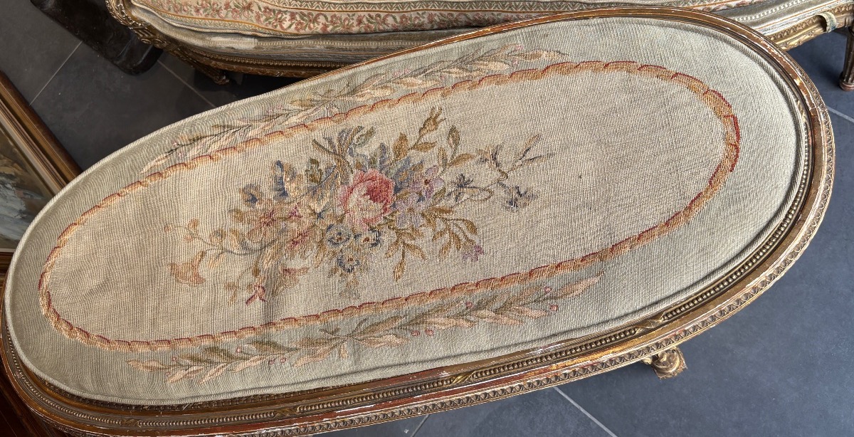 Banquette bois doré XIXe de style LXVI cannée et coussins tapisserie d aubusson Napoléon 3-photo-2