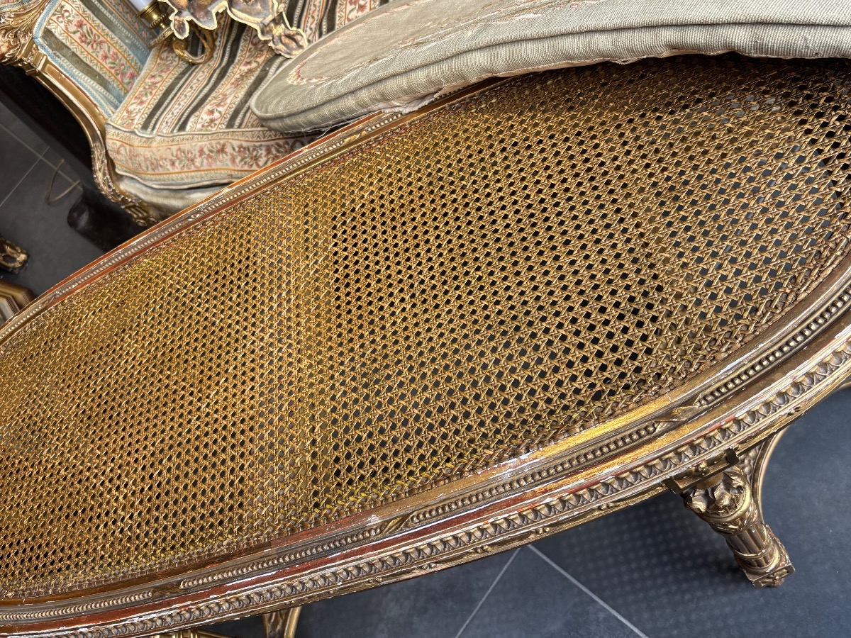 Banquette bois doré XIXe de style LXVI cannée et coussins tapisserie d aubusson Napoléon 3-photo-4