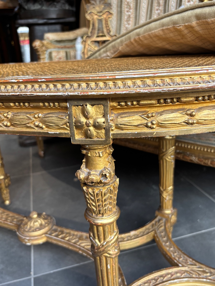Banquette bois doré XIXe de style LXVI cannée et coussins tapisserie d aubusson Napoléon 3-photo-2