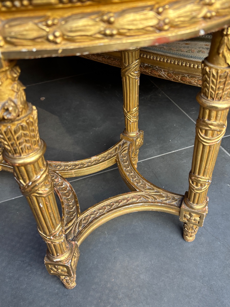 Banquette bois doré XIXe de style LXVI cannée et coussins tapisserie d aubusson Napoléon 3-photo-3