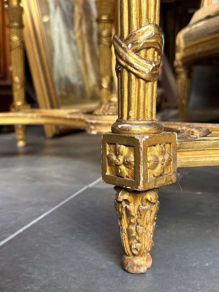 Banquette bois doré XIXe de style LXVI cannée et coussins tapisserie d aubusson Napoléon 3-photo-5