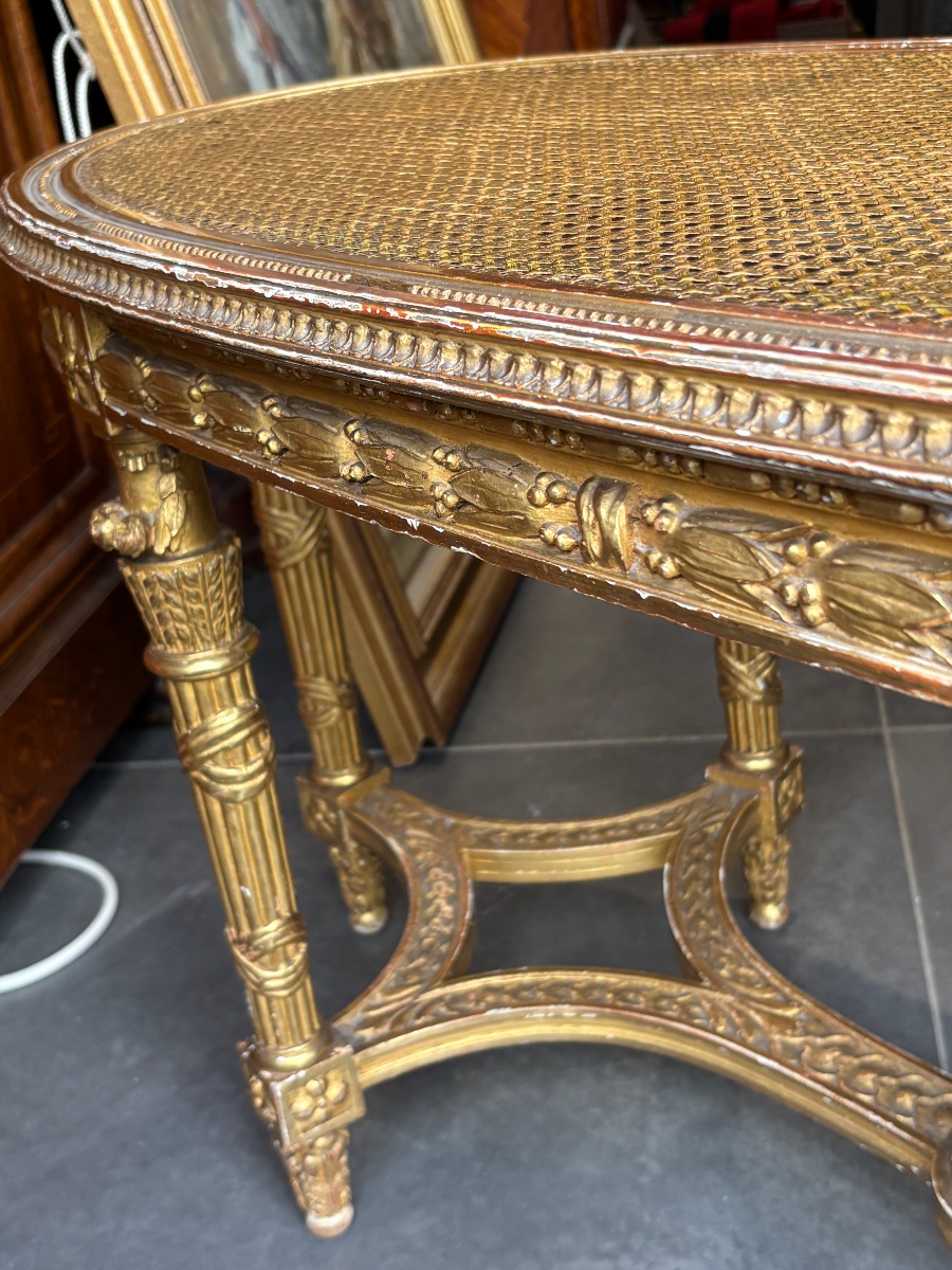 Banquette bois doré XIXe de style LXVI cannée et coussins tapisserie d aubusson Napoléon 3-photo-6