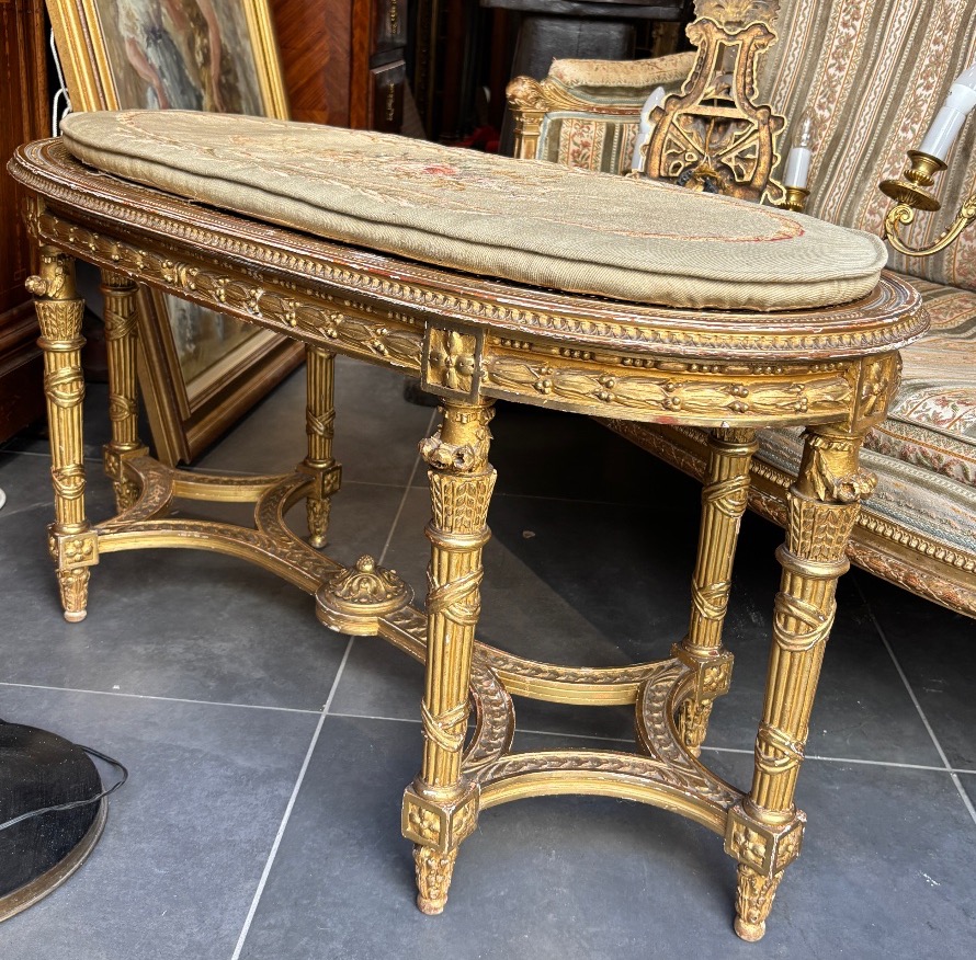 Banquette bois doré XIXe de style LXVI cannée et coussins tapisserie d aubusson Napoléon 3