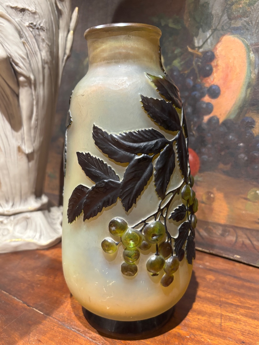 émile Gallé Blown Vase Cherry Rowan Décor Pâte De Verre-photo-3