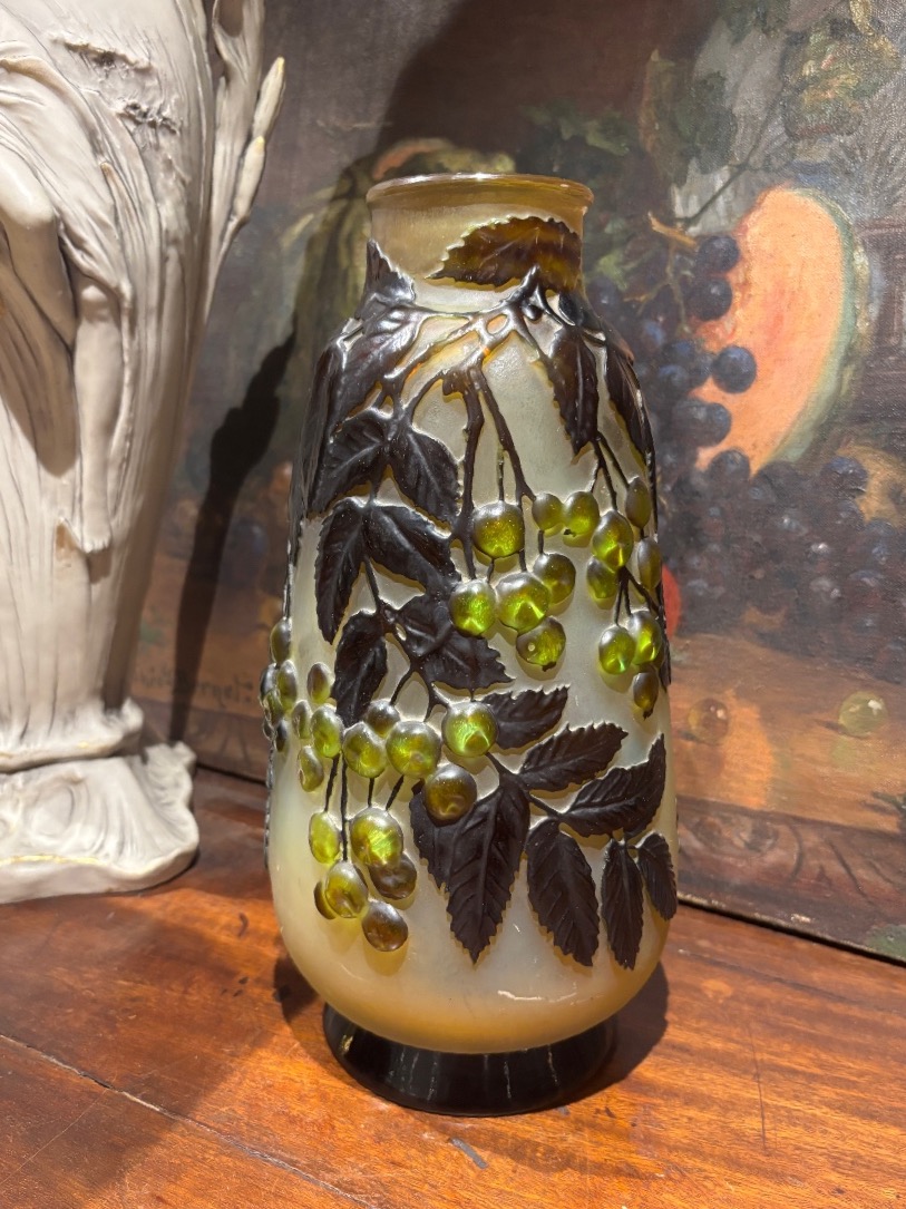 émile Gallé Blown Vase Cherry Rowan Décor Pâte De Verre