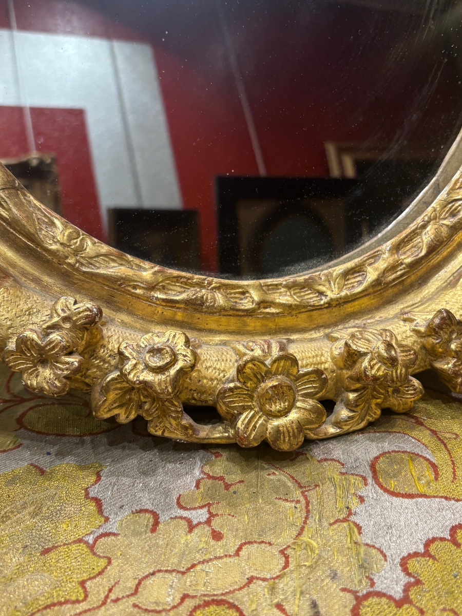 Ancien cadre ovale miroir glace Louis XIV époque XVIIIE en bois doré -photo-4