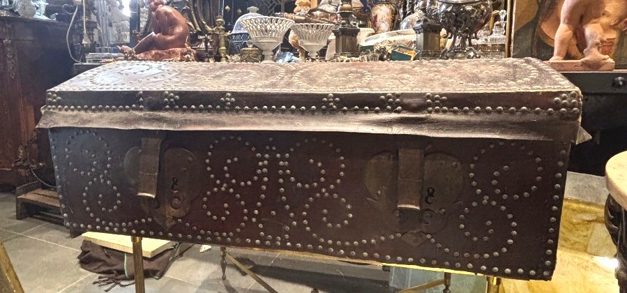 18th-century Studded Pirate Chest Covered In Fairly Thick Leather, With An Iron Lock