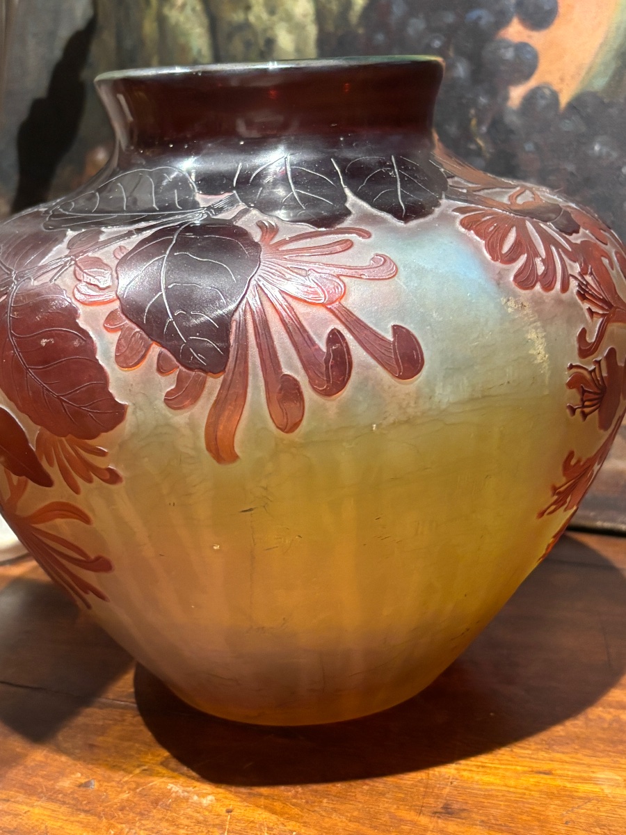 Emile gallé large vase decor floral en paye de verre multicouches signé-photo-2