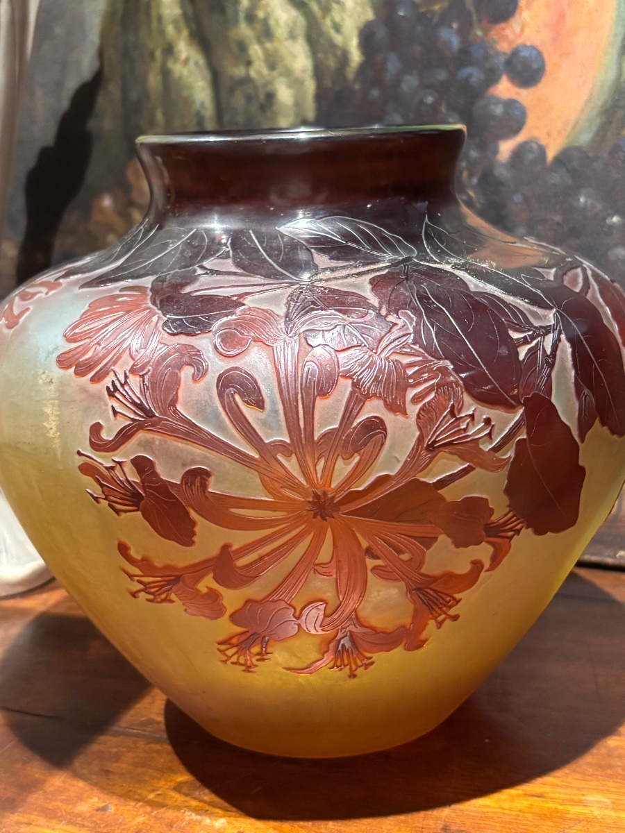Emile gallé large vase decor floral en paye de verre multicouches signé-photo-4