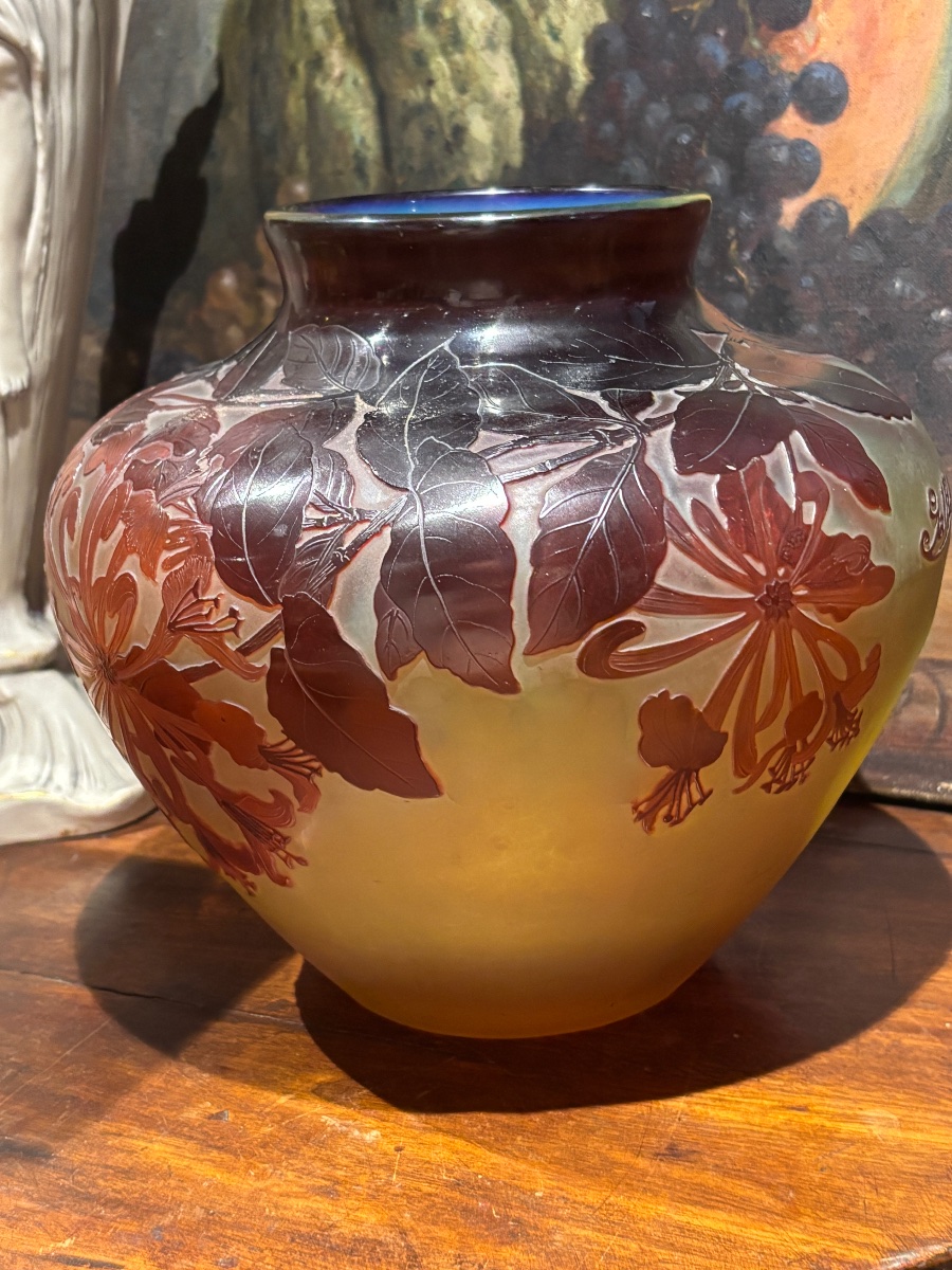 Emile gallé large vase decor floral en paye de verre multicouches signé-photo-2