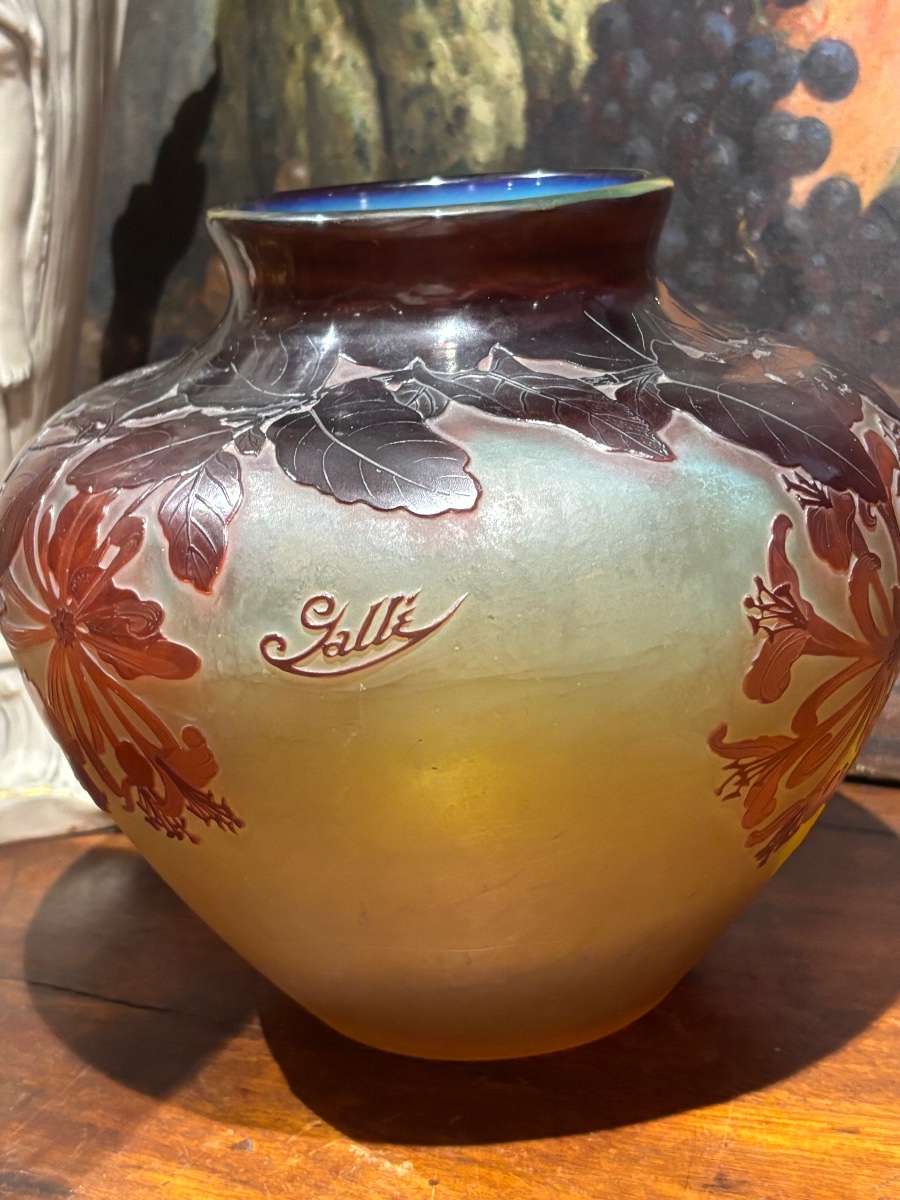 Emile gallé large vase decor floral en paye de verre multicouches signé-photo-3