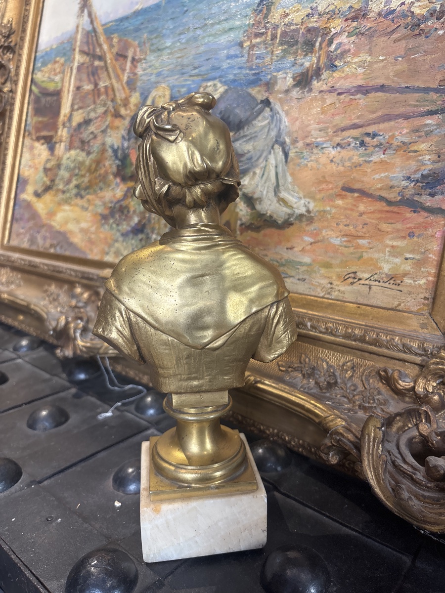 Laurent bronze doré XIXe fonte de susse buste d une jeune fille à la rêverie socle onyx-photo-3