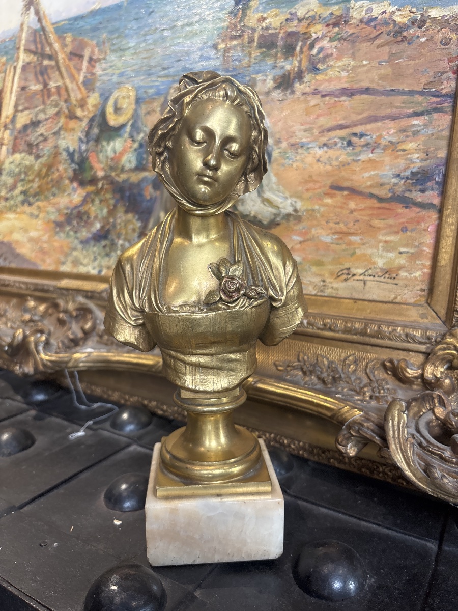 Laurent bronze doré XIXe fonte de susse buste d une jeune fille à la rêverie socle onyx