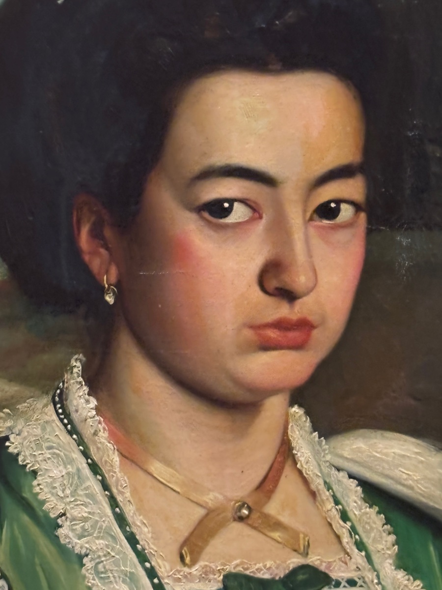  Tableau portrait jeune fille à l habit vert huile sur toile XIXe signé -photo-2
