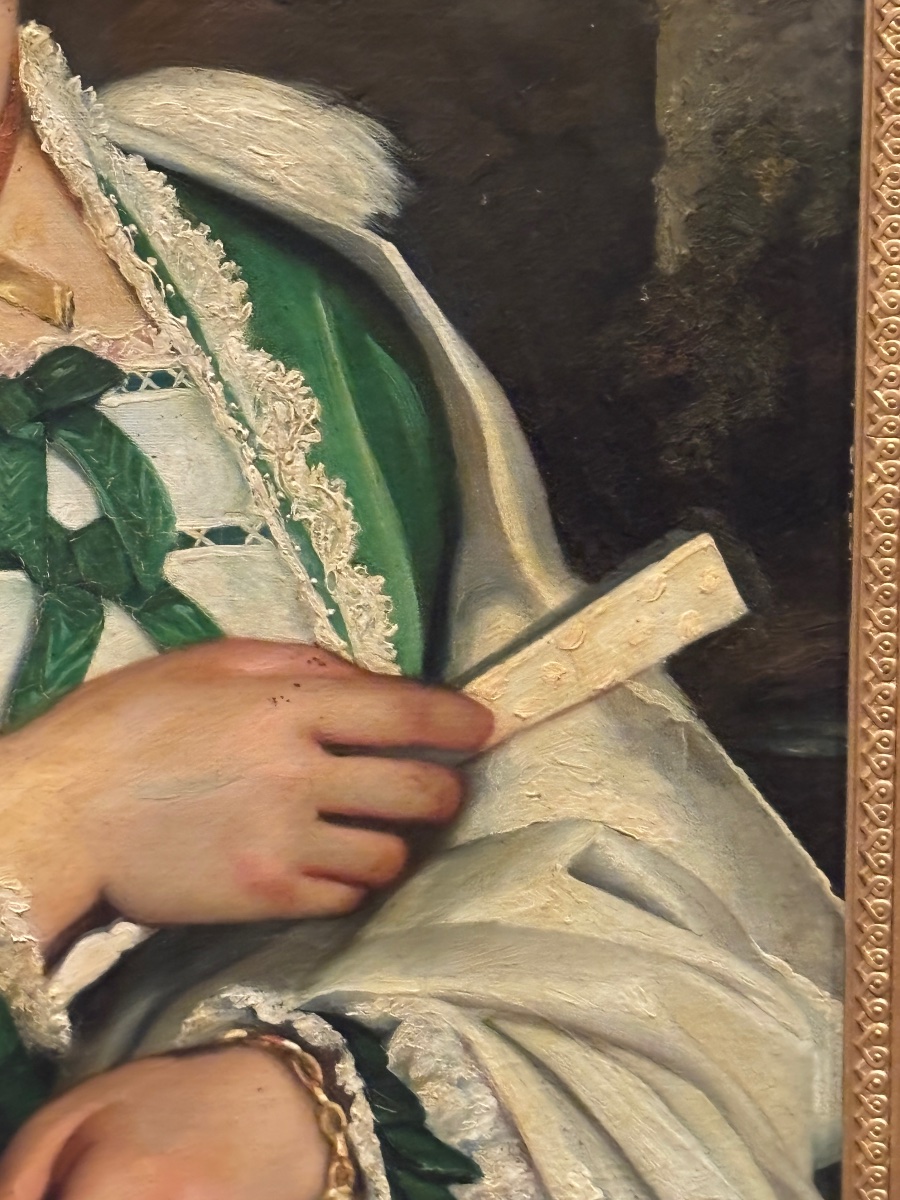  Tableau portrait jeune fille à l habit vert huile sur toile XIXe signé -photo-3