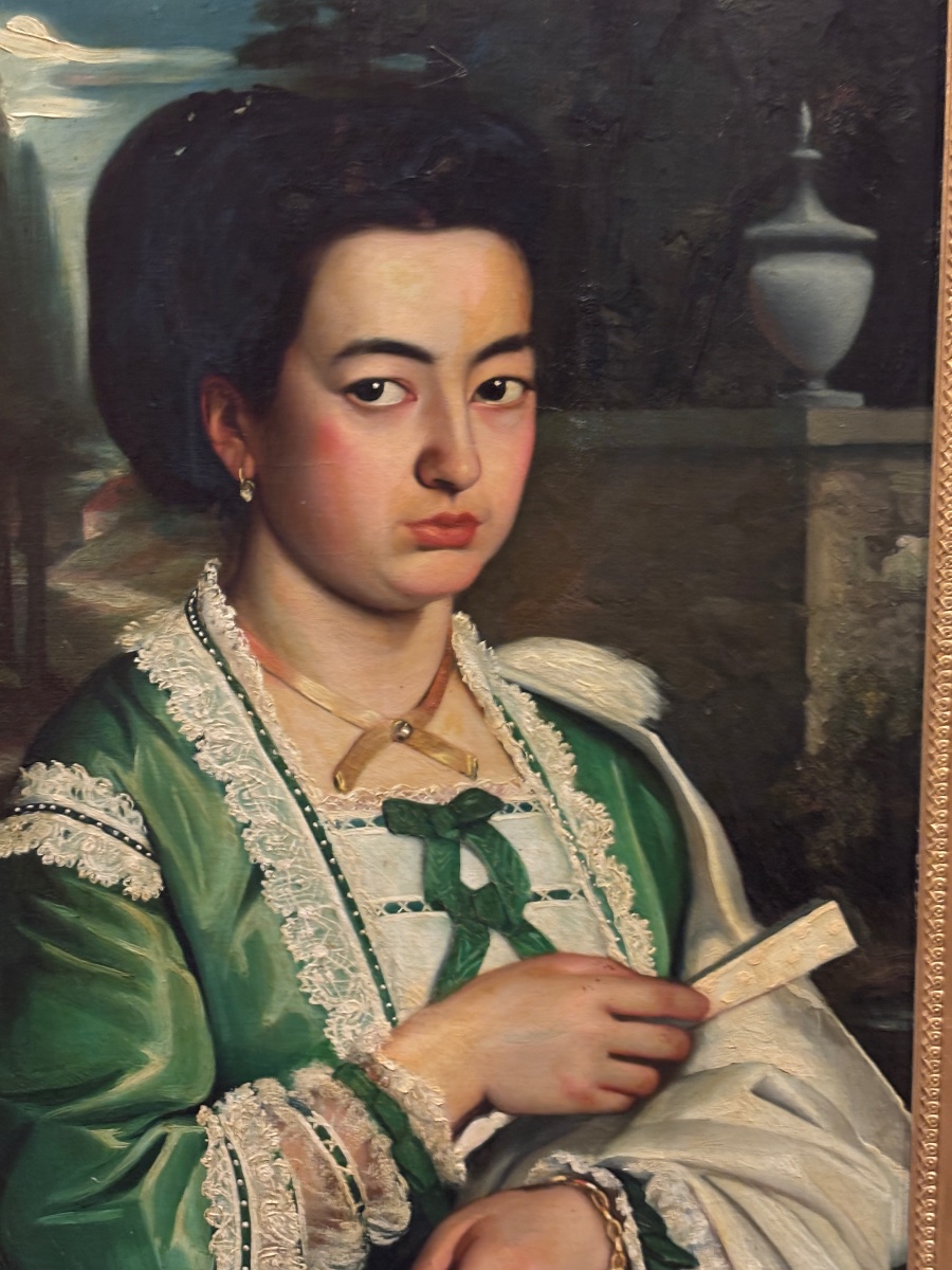  Tableau portrait jeune fille à l habit vert huile sur toile XIXe signé -photo-4