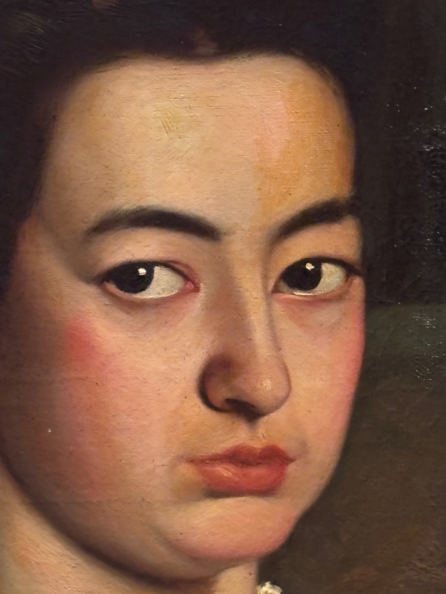 Tableau portrait jeune fille à l habit vert huile sur toile XIXe signé -photo-1
