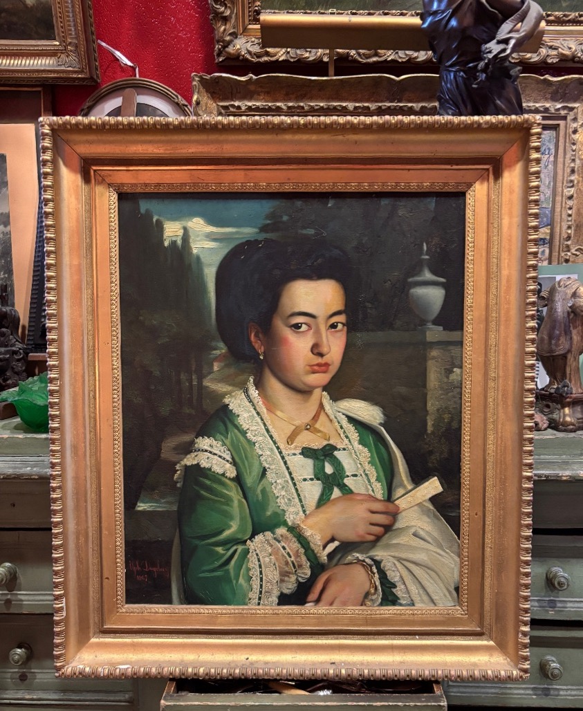  Tableau portrait jeune fille à l habit vert huile sur toile XIXe signé 
