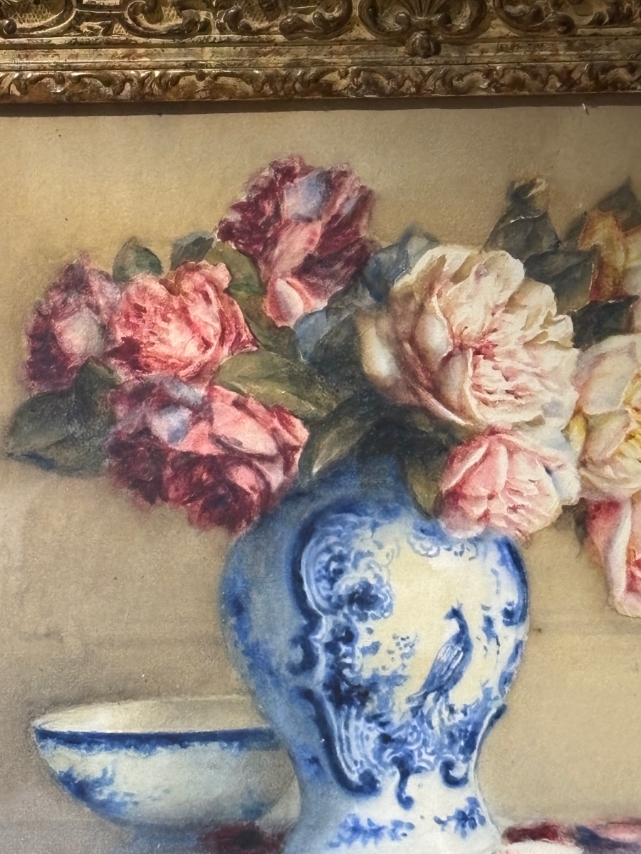 Rosenstock tableau nature morte aquarelle et pastel bouquet de roses très beau cadre en bois -photo-2