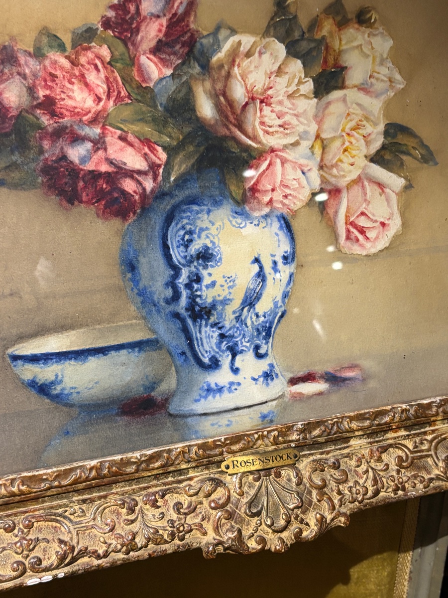Rosenstock tableau nature morte aquarelle et pastel bouquet de roses très beau cadre en bois -photo-1