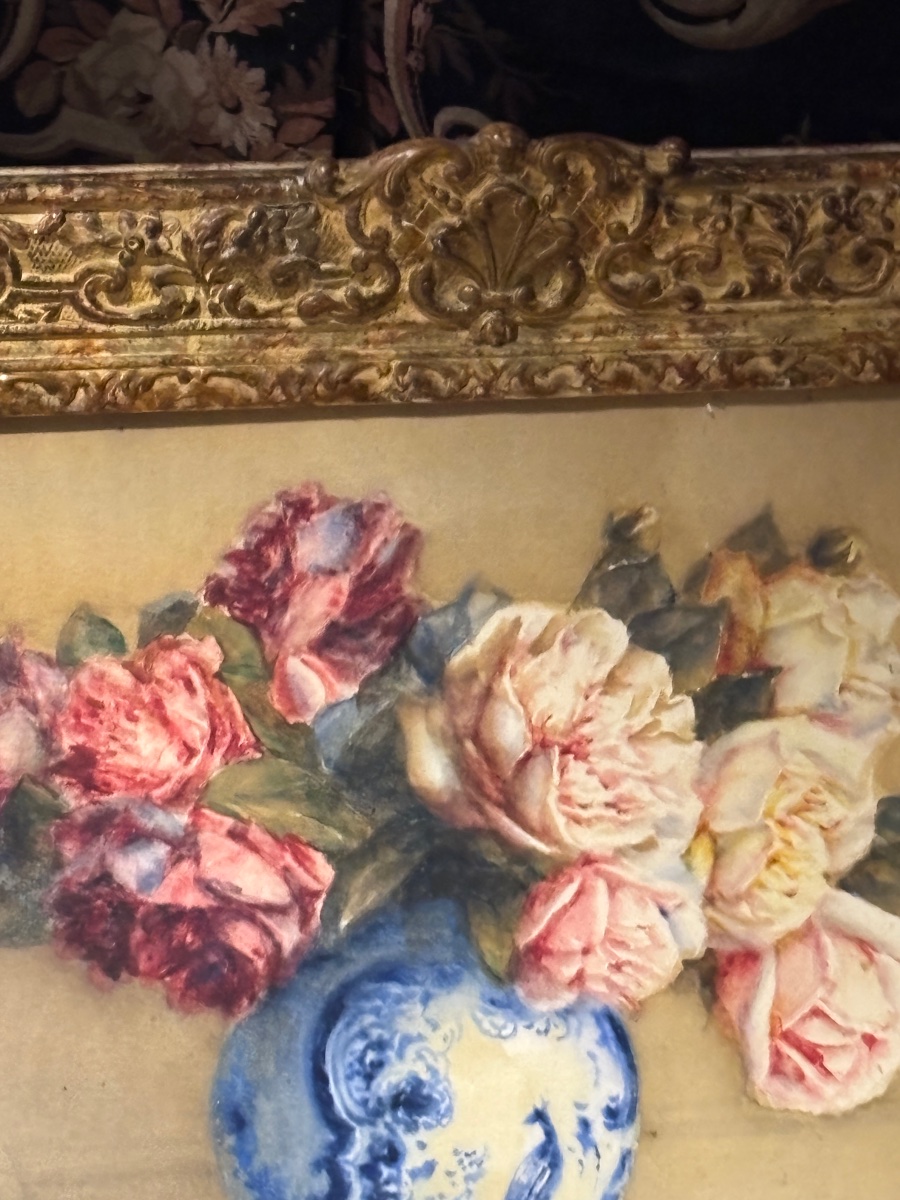 Rosenstock tableau nature morte aquarelle et pastel bouquet de roses très beau cadre en bois -photo-2