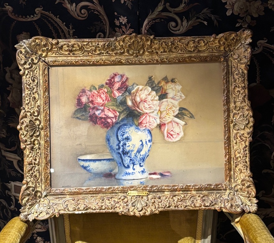Rosenstock tableau nature morte aquarelle et pastel bouquet de roses très beau cadre en bois 
