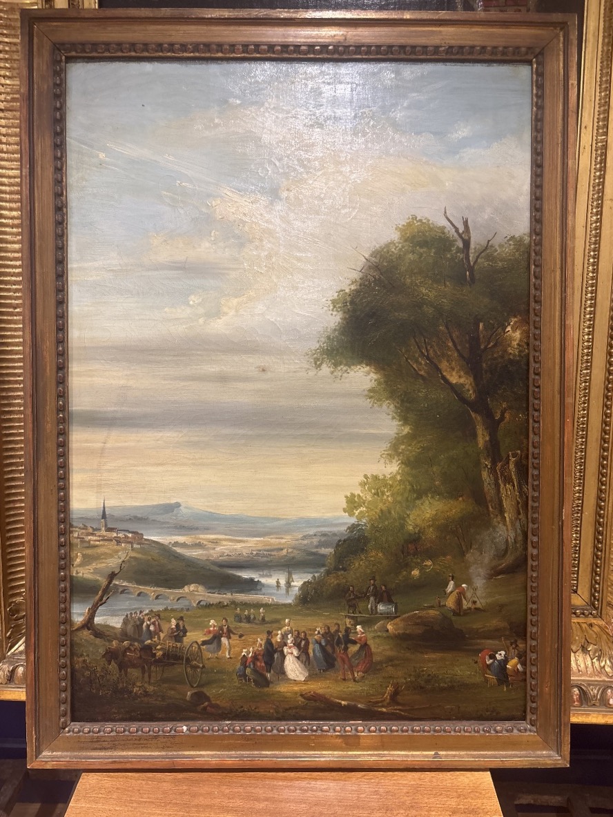 19th-century Oil-on-canvas Painting, Mounted On A Cardboard Panel, Depicting A Country Dance Scene 