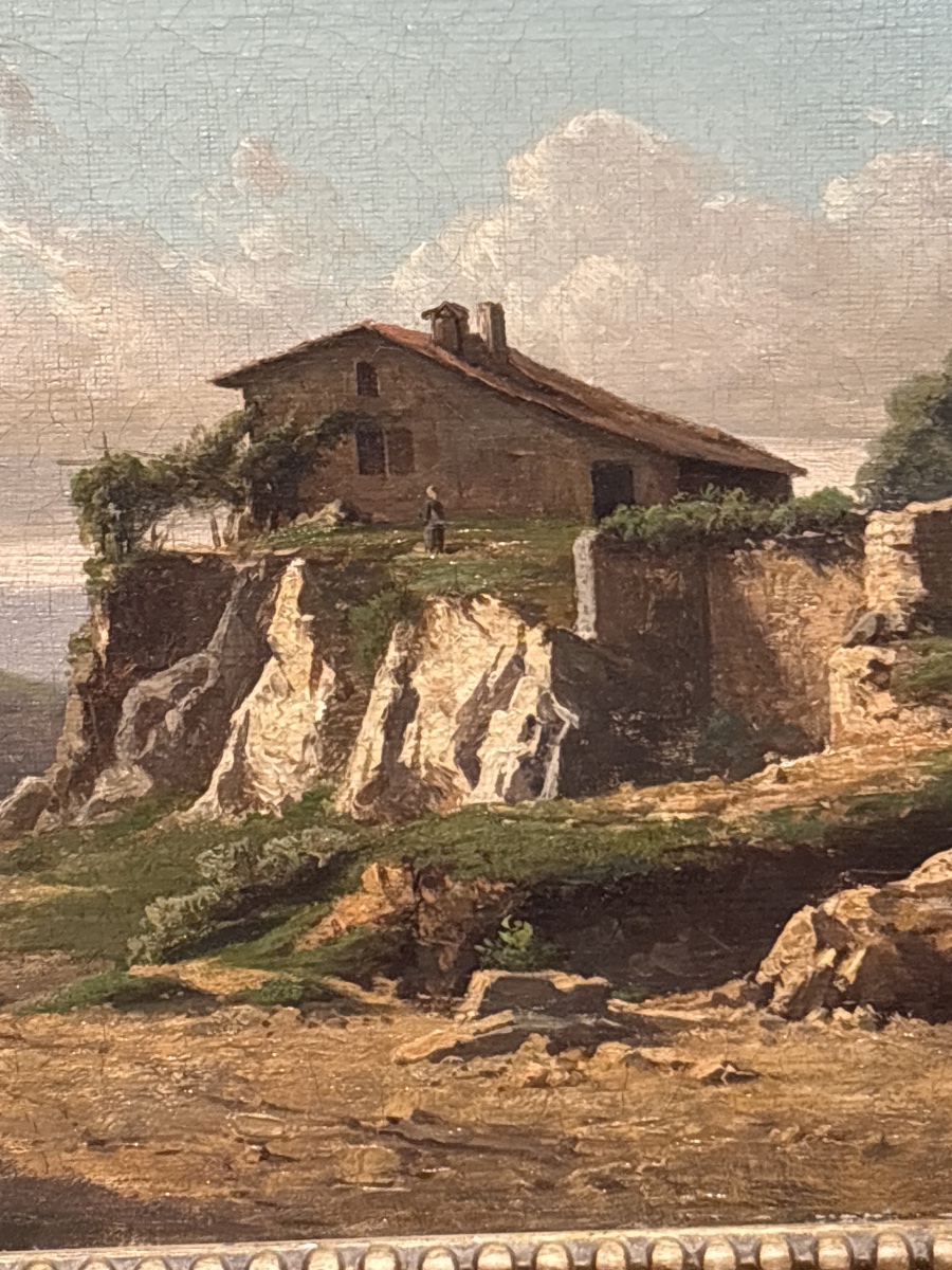 Tableau fonville huile sur toile XIXe école lyonnaise 1851 très beau paysage animé -photo-2