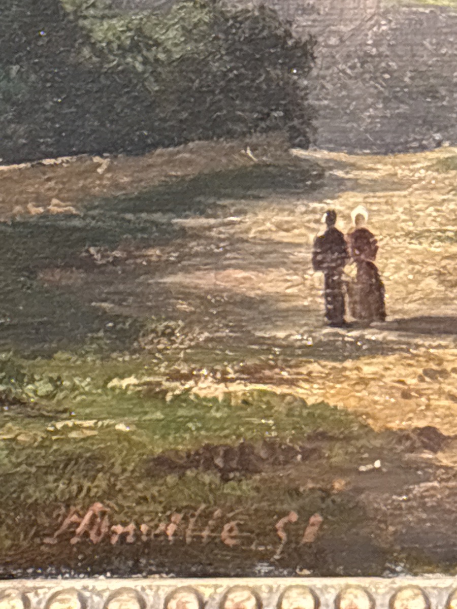 Tableau fonville huile sur toile XIXe école lyonnaise 1851 très beau paysage animé -photo-3