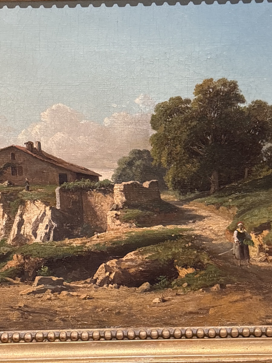Tableau fonville huile sur toile XIXe école lyonnaise 1851 très beau paysage animé -photo-1