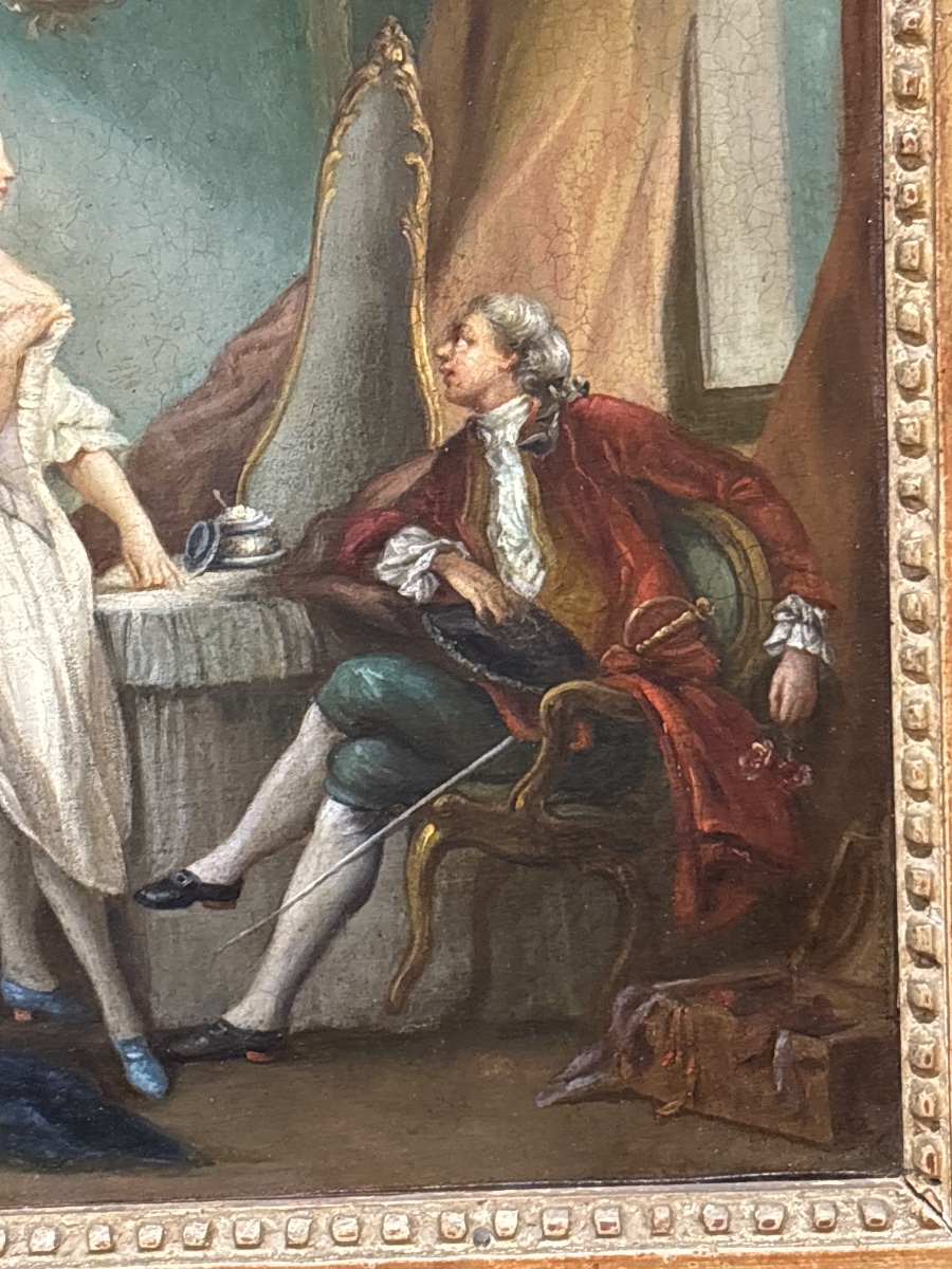Tableau huile sur toile XIXe scène galante d intérieur romantique sous louis XV -photo-3