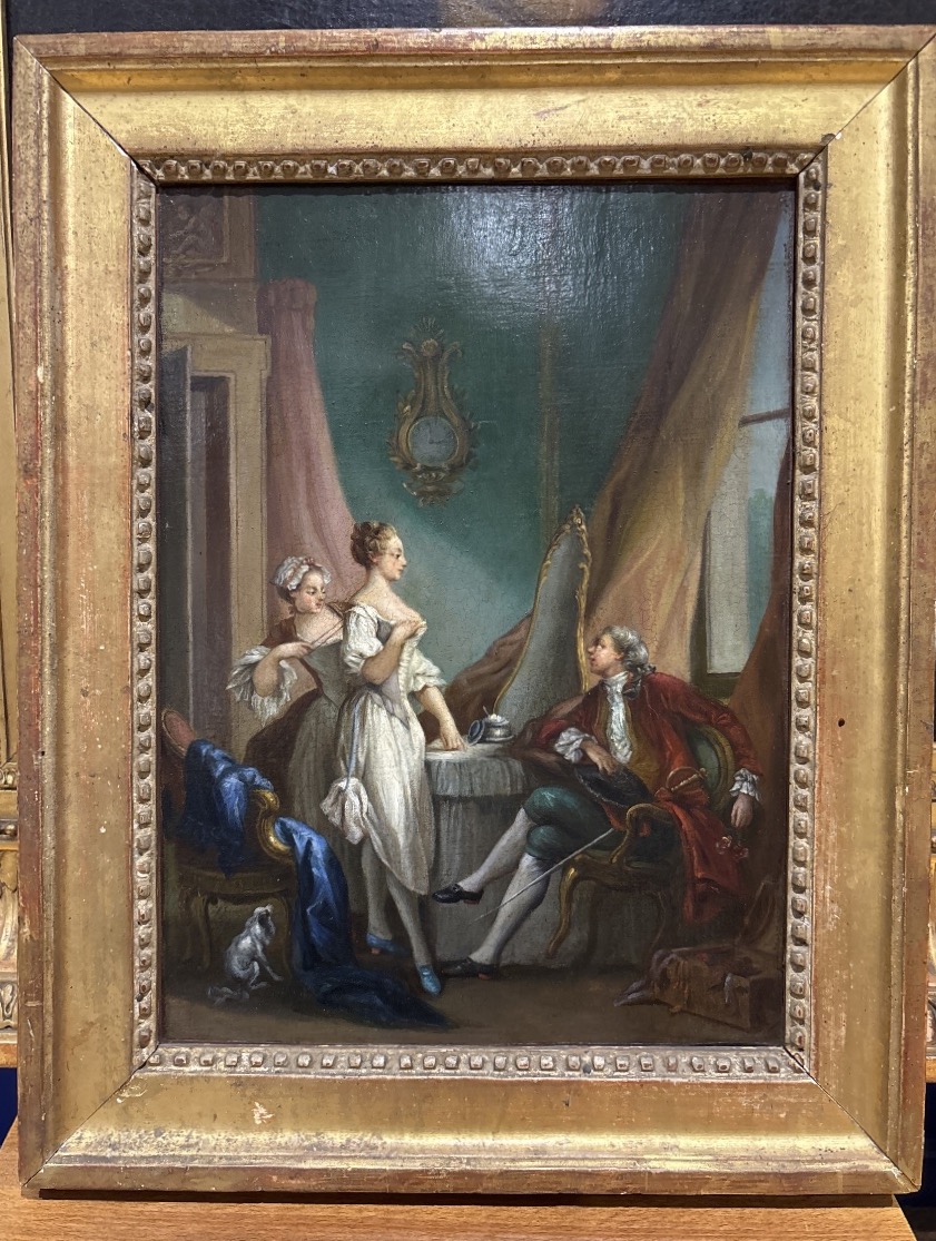 Tableau huile sur toile XIXe scène galante d intérieur romantique sous louis XV 