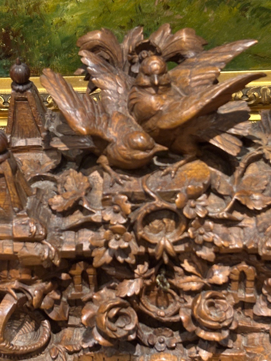 Rare coffret forêt noire black Forest à décor richement sculpté d oiseaux forme de château XIXe-photo-2