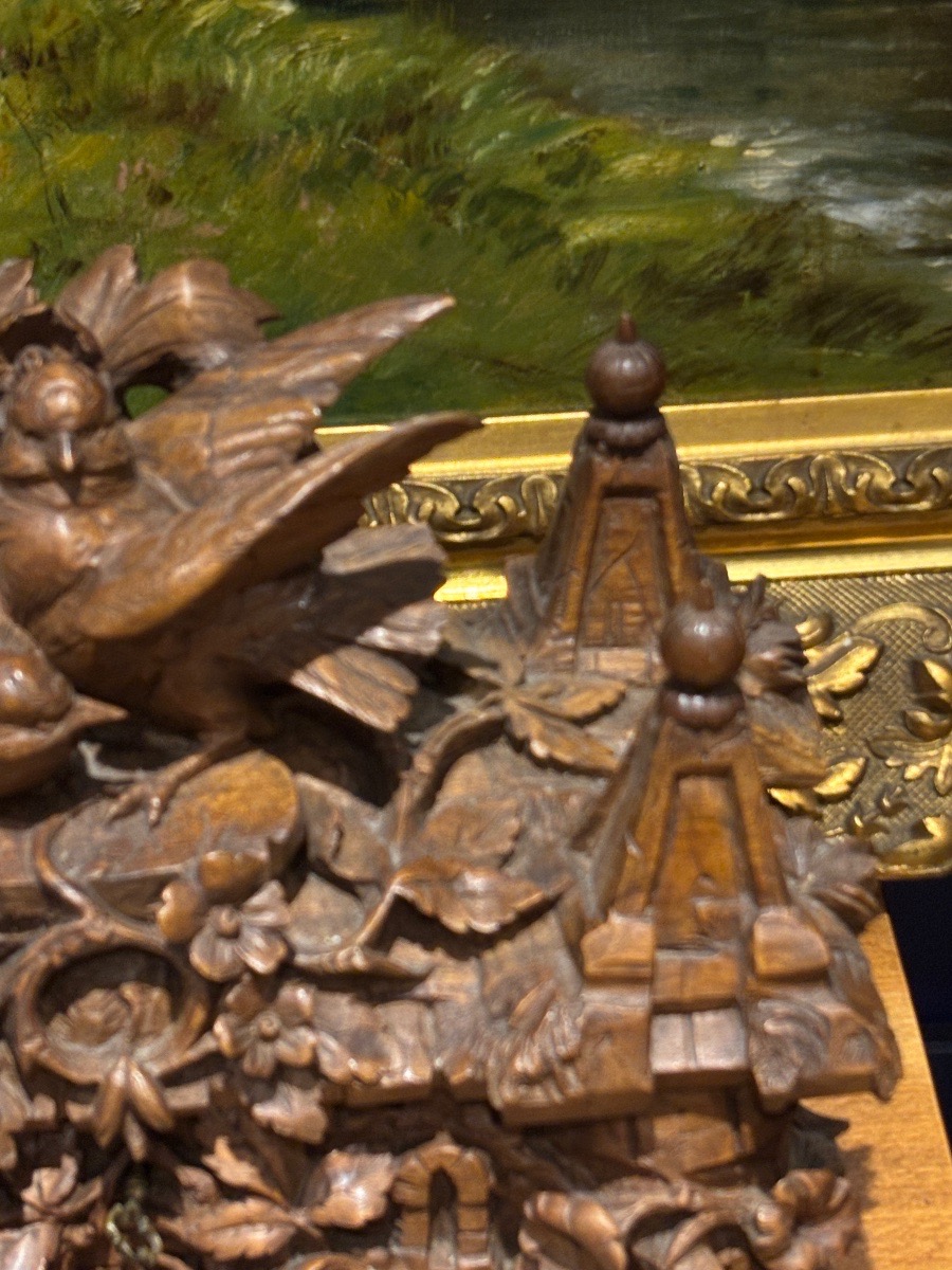 Rare coffret forêt noire black Forest à décor richement sculpté d oiseaux forme de château XIXe-photo-3