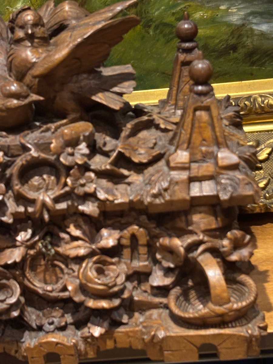 Rare coffret forêt noire black Forest à décor richement sculpté d oiseaux forme de château XIXe-photo-3