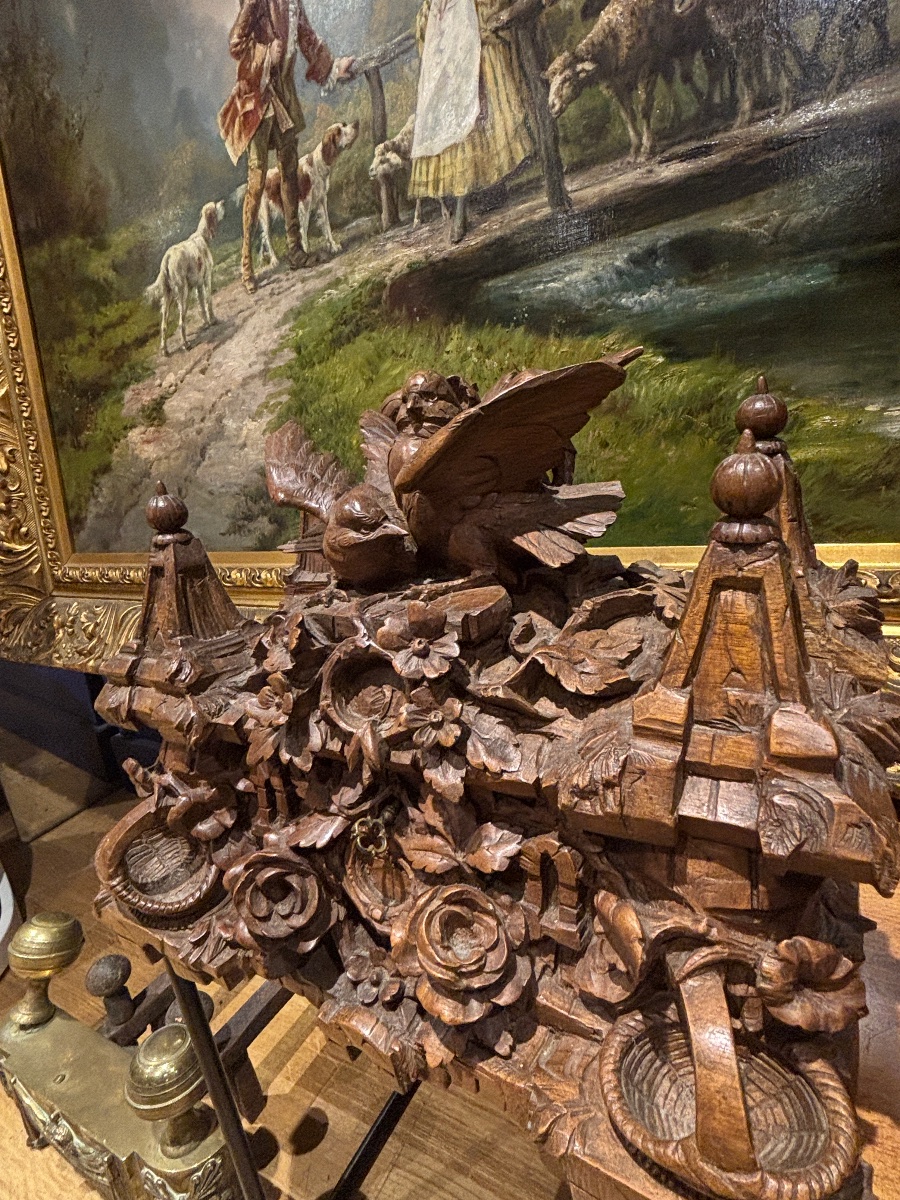 Rare coffret forêt noire black Forest à décor richement sculpté d oiseaux forme de château XIXe-photo-5