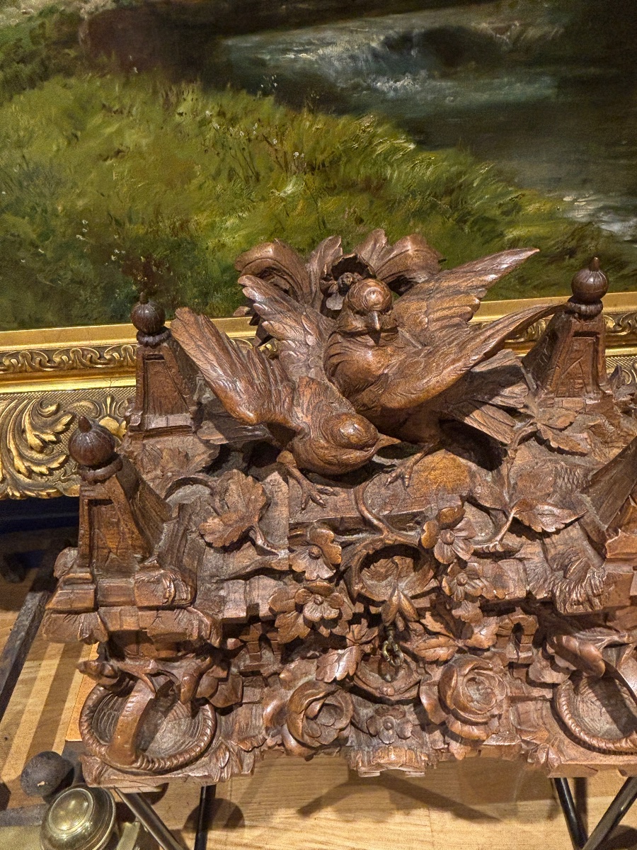 Rare coffret forêt noire black Forest à décor richement sculpté d oiseaux forme de château XIXe-photo-6