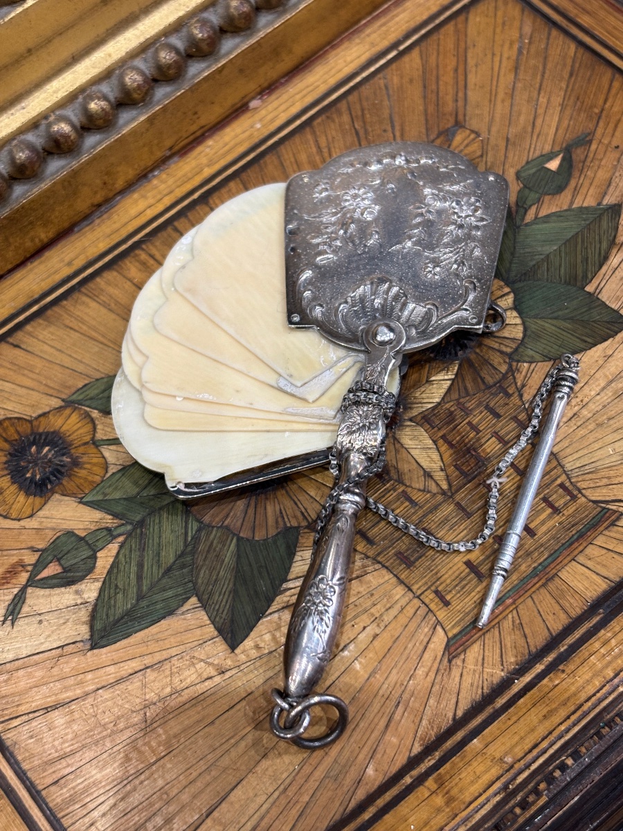 Carnet de bal XIXe en éventail en argent massif minerve feuille pour chaque danse anna -photo-2