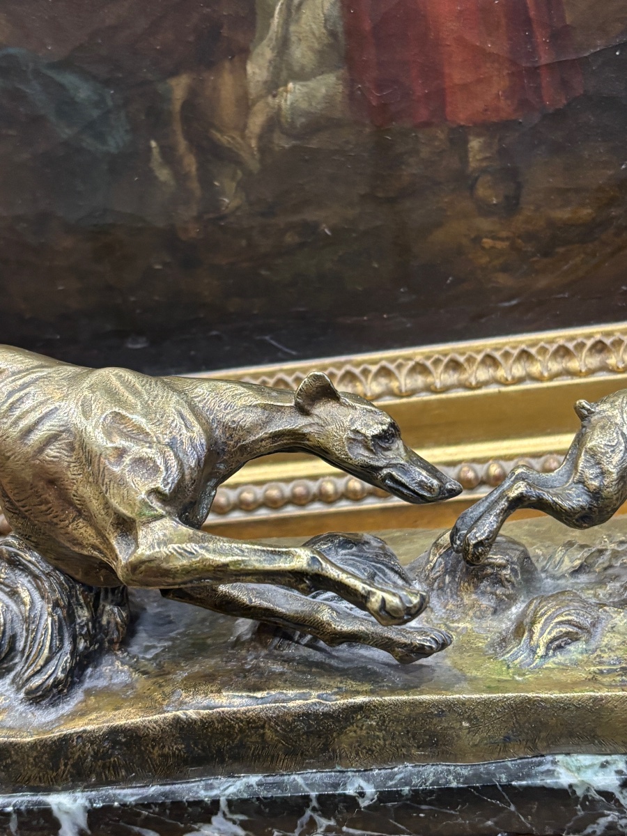 Chasse bronze lévrier pourchassant un lièvre socle en marbre par Gustave le sage -photo-3