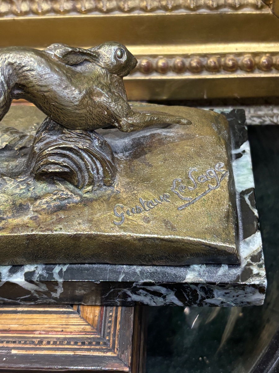 Chasse bronze lévrier pourchassant un lièvre socle en marbre par Gustave le sage -photo-1