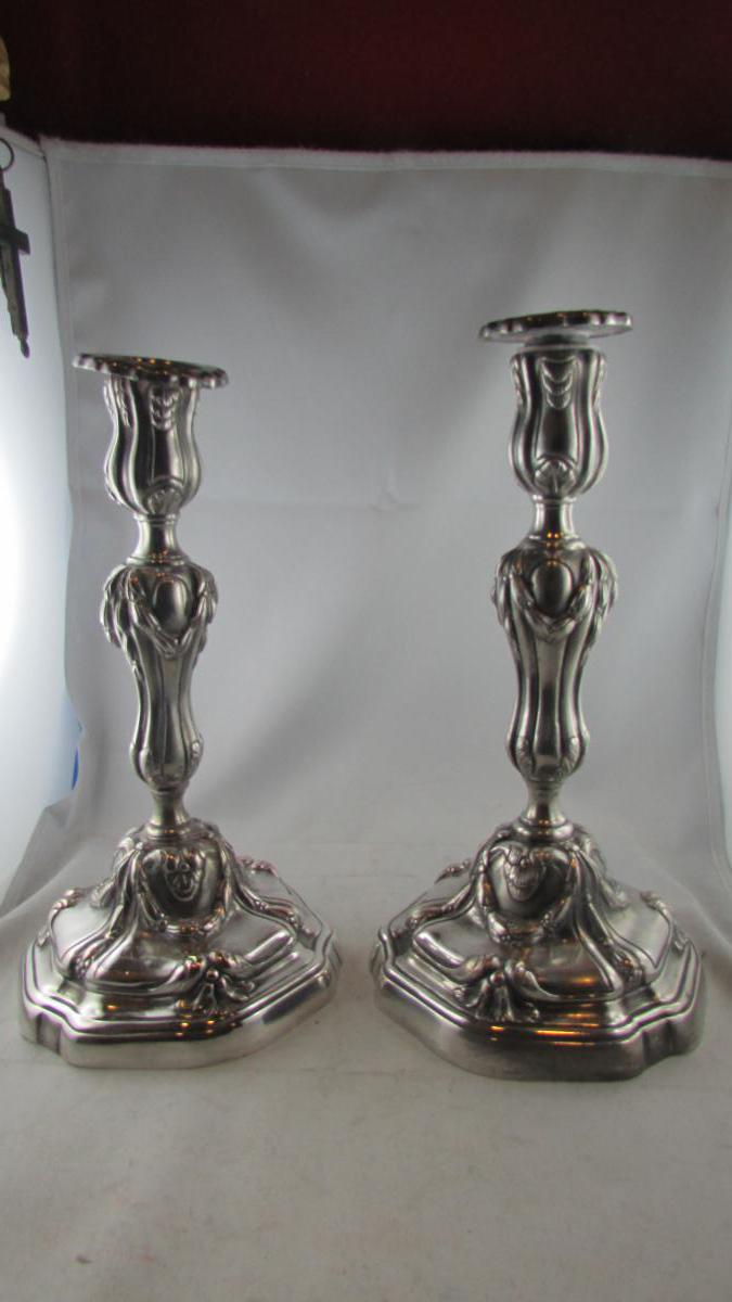 Ancienne Paire Flambeaux Bougeoirs De Table 19e Metal Argenté De Style Louis XIV Regence