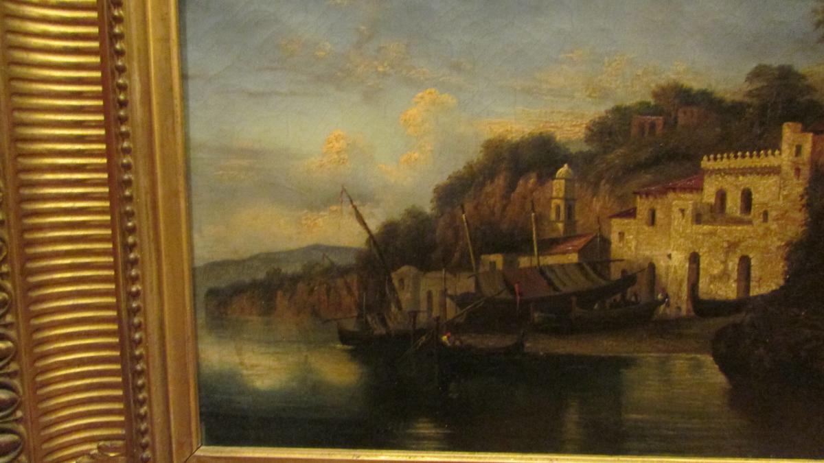 Ancient Painting Oil On Canvas Marine Fishing Port Italian Italy Nineteenth Century Around 1830-photo-3