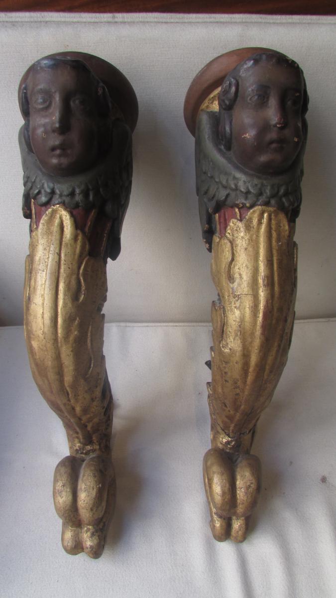 Pair Of Torcheres Arm Of Light Italy XVIII Baroque Torches Wood Gilded And Polychrome