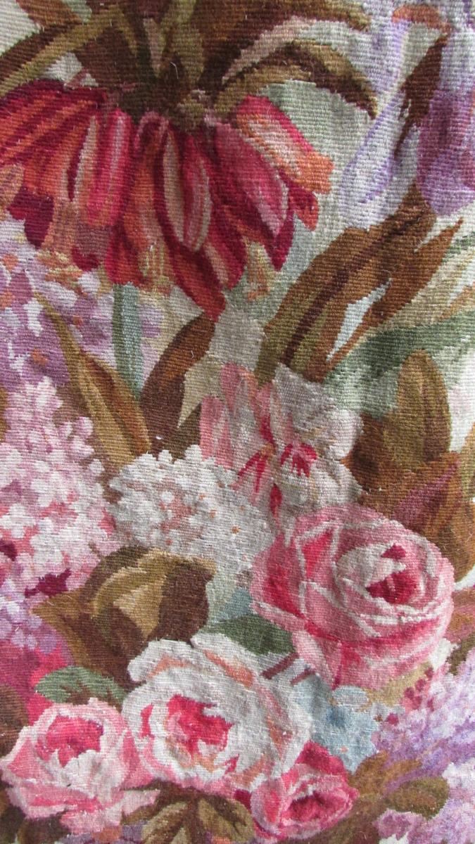 Paire De Grandes Tentures Tapisserie D Aubusson Monogramme G Couronné Fleurs Portieres -photo-2