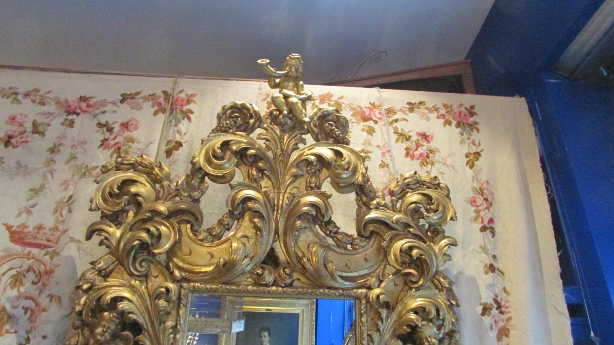 Monumental Mirror Glace Gilded Wood Nineteenth Renaissance Cherubs Putti Babies 225cm!-photo-1