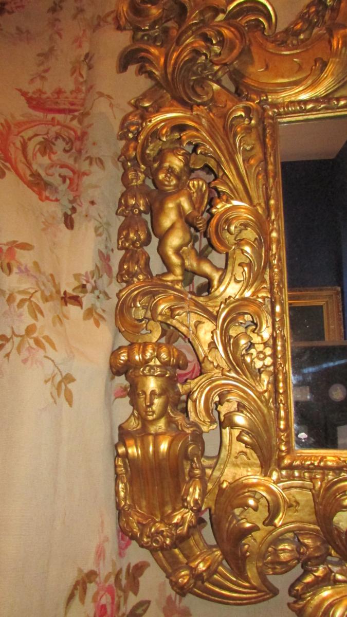 Monumental Mirror Glace Gilded Wood Nineteenth Renaissance Cherubs Putti Babies 225cm!-photo-2