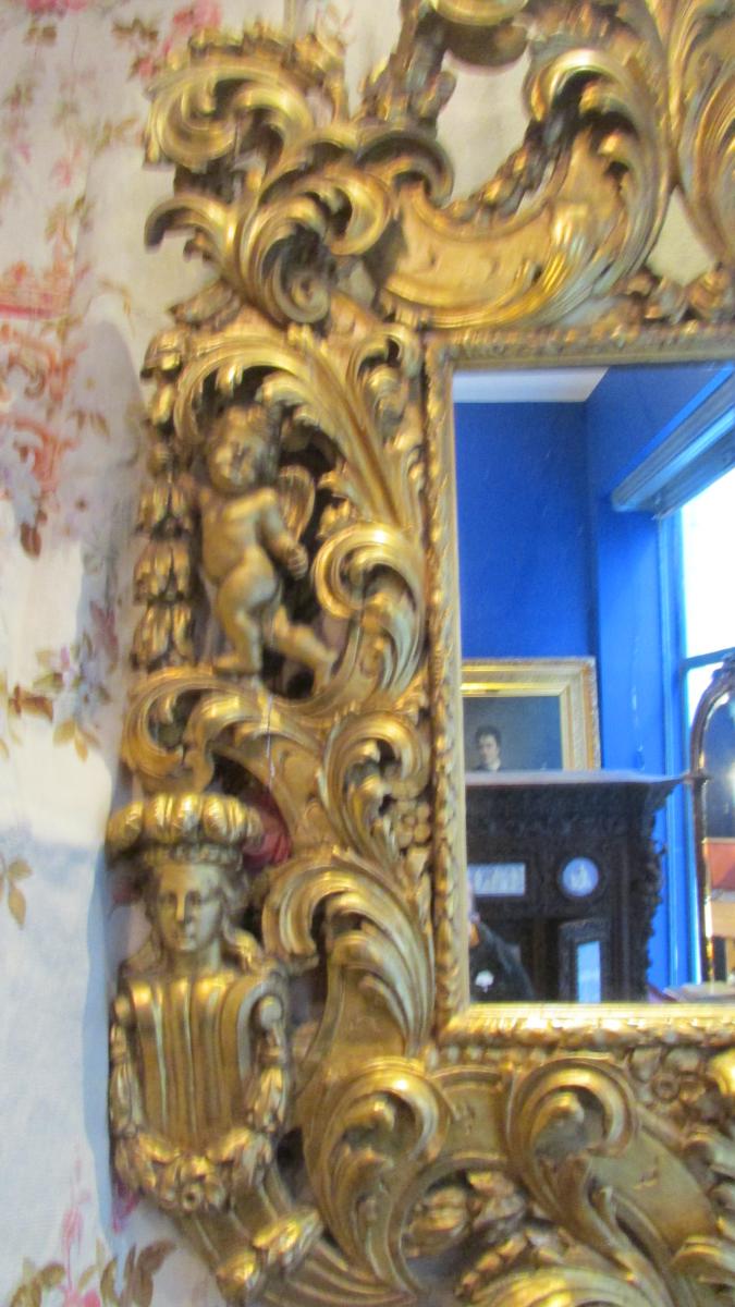 Monumental Mirror Glace Gilded Wood Nineteenth Renaissance Cherubs Putti Babies 225cm!-photo-3