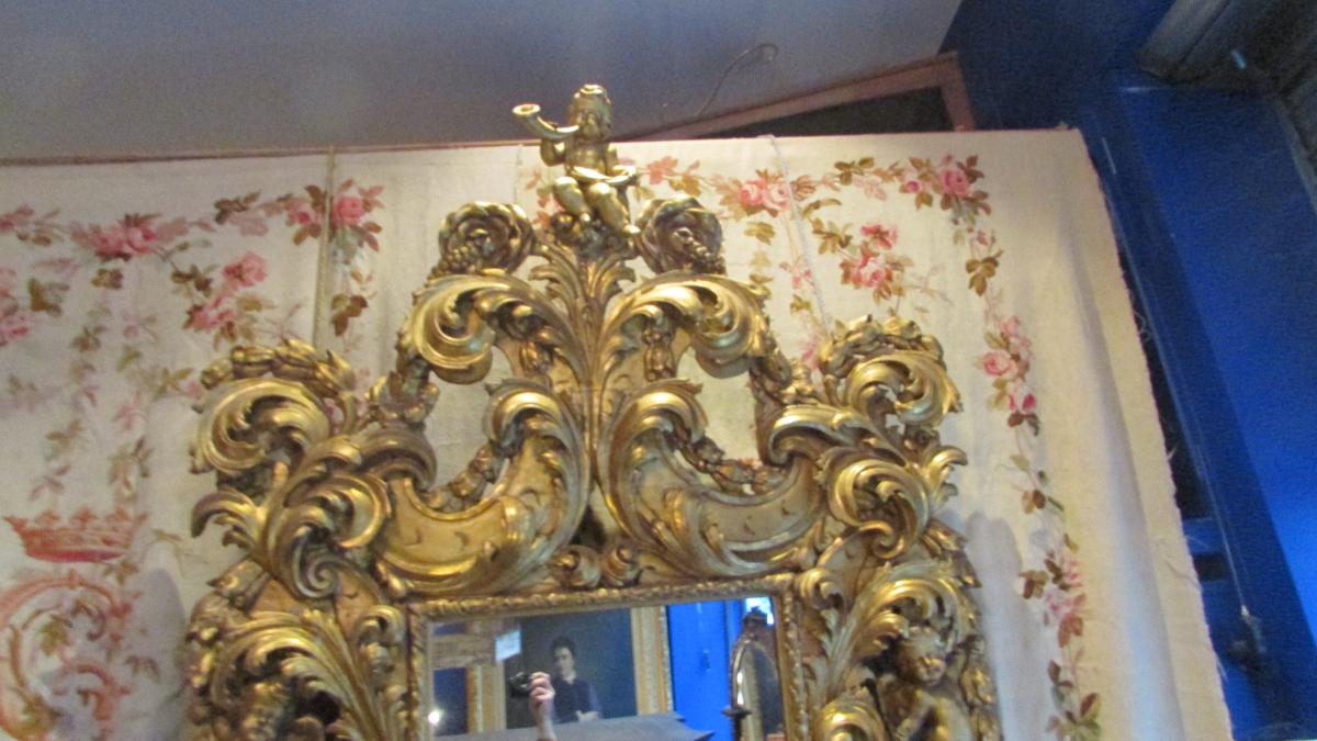 Monumental Mirror Glace Gilded Wood Nineteenth Renaissance Cherubs Putti Babies 225cm!-photo-4