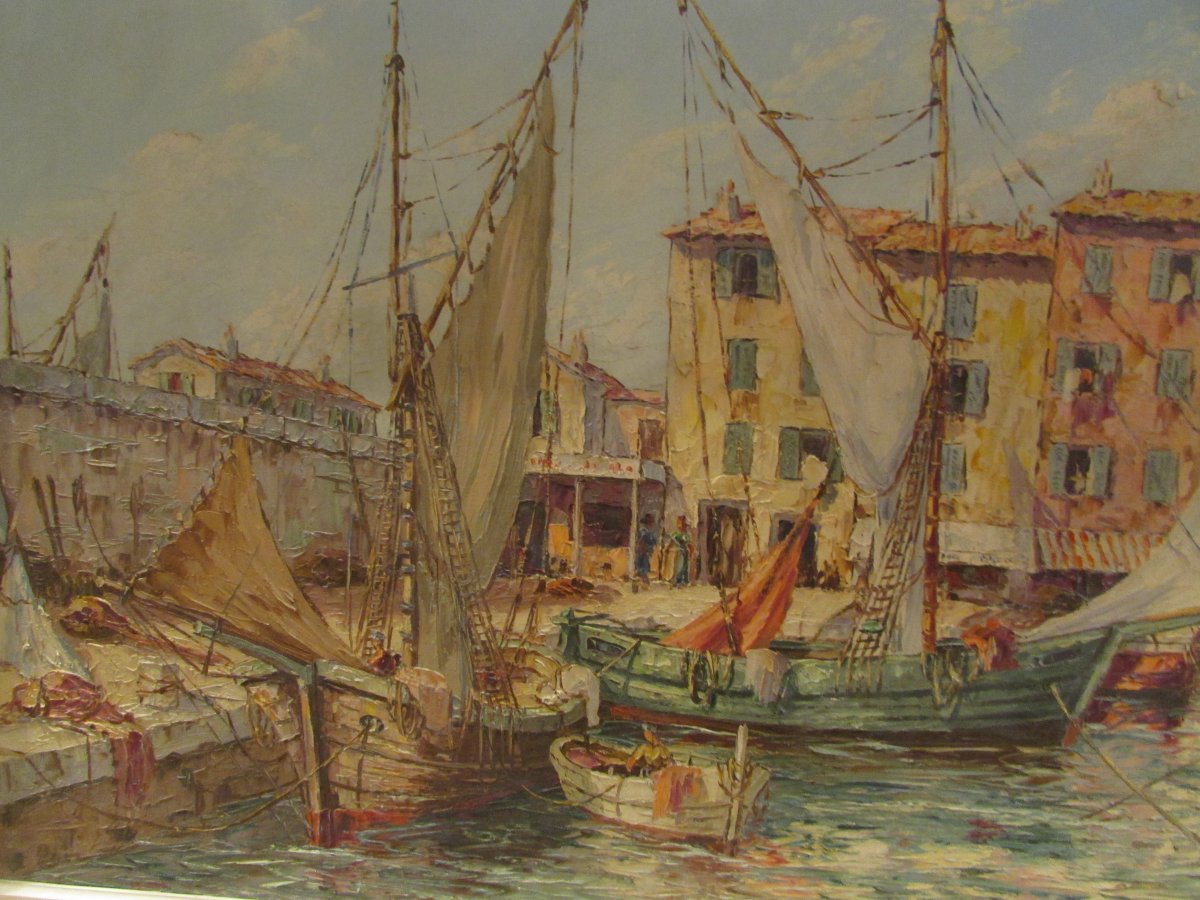 Ancien Grand Tableau Huile Sur Toile Marine Port Provencal Raoul About  XXe-photo-3